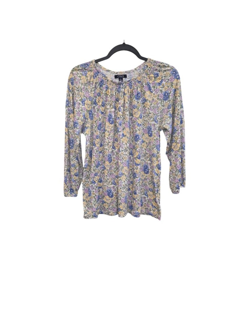 Chap M Multicolor Floral Blouse 3/4 Sleeve Smocked Neckline.1996